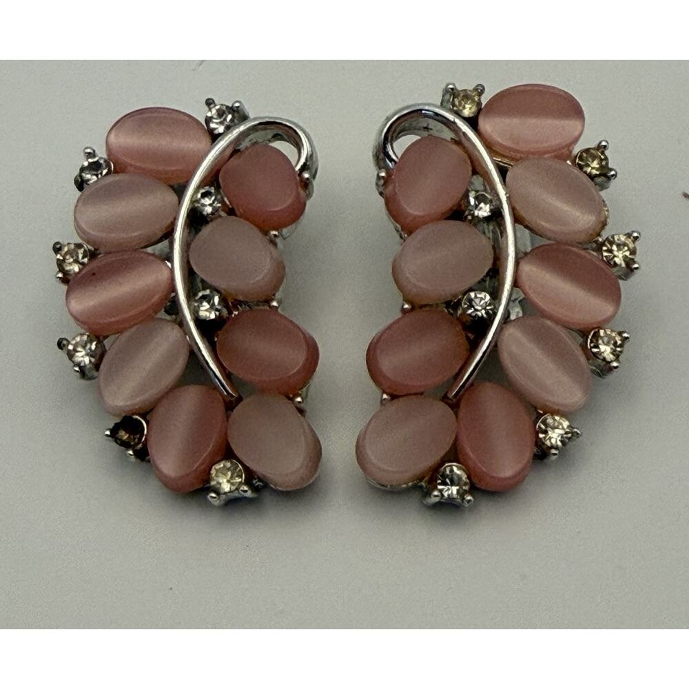 Vintage Lisner Pink Blush Lucite Thermoset Rhinestone Clip Earrings